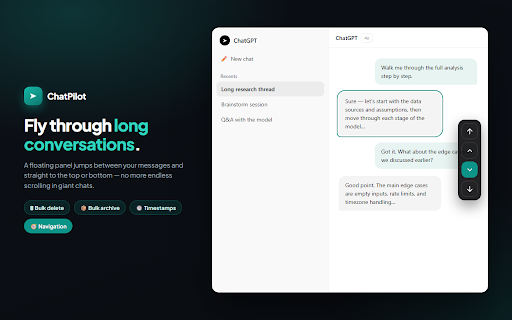 ChatPilot – ChatGPT Bulk Delete, Archive & Timestamps :: Bulk delete & archive ChatGPT chats, add message timestamps and navigate conversations fast. Clean up ChatGPT in one click.