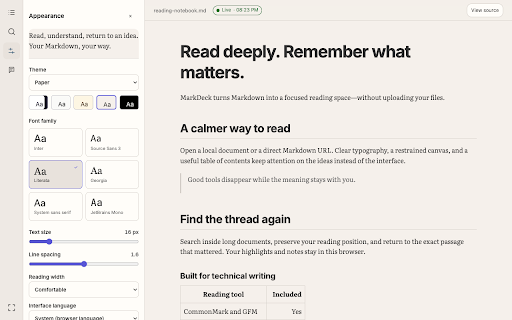 MarkDeck: Markdown Viewer & Reader :: Open local .md files by their path and read them beautifully. Live updates, highlights and notes. Private, no account.