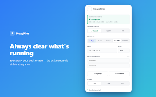 ProxyPilot — Proxy Manager & Smart Routing :: Per-site proxy manager & switcher: route only the sites you choose through your HTTP/SOCKS5 proxy — the rest goes direct.
