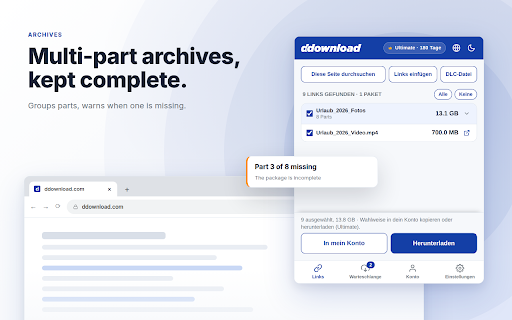 DDownload :: Detects ddownload links on any page, downloads them or imports them into your account. Full speed with Ultimate.