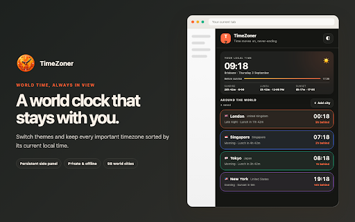 TimeZoner — World Time at a Glance :: Compare world time zones, daylight, lunch, sunrise and sunset with your local time.