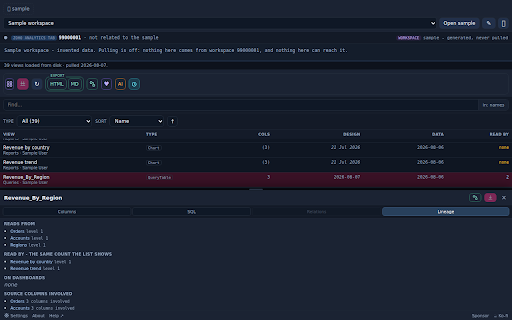 Zoost - workbench for Zoho Analytics :: Independent, unofficial: mirror a Zoho Analytics workspace to local files - views, columns, foreign keys, query-table SQL.