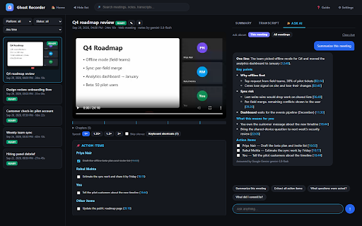 Ghost Recorder :: One-click AI meeting notes on any platform. Local recording, speaker transcripts, summaries, action items. Bring your own AI key.