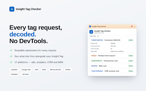 Insight Tag Checker for LinkedIn :: Check if your LinkedIn Insight Tag & conversions are firing, and decode every tag request — live, on any site, 100% local.