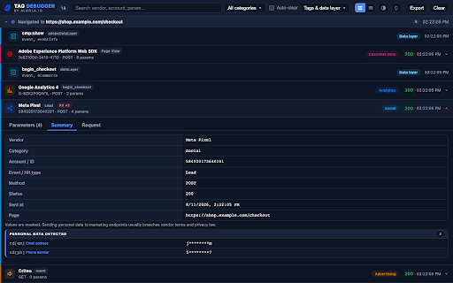 Tag Debugger by Aloola.io :: See every analytics and ad tag fire, the data layer pushes that triggered them, and any duplicates or personal data leaking out.