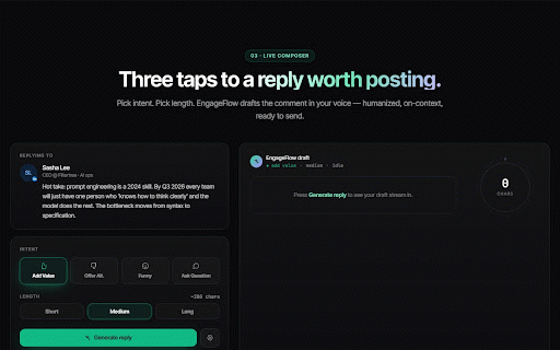 EngageFlow AI — LinkedIn & X Growth Co-pilot :: AI reply suggestions, feed scoring, and post drafting in your voice for LinkedIn and X.