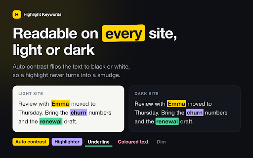Highlight Keywords: Auto-Highlight Word Lists :: Automatically highlight your saved keywords and phrases on any webpage, with custom colors and readable contrast. Data stays local.