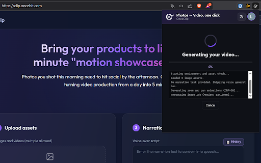 2026 OnceClip · Photos to Video, in One Click :: Upload photos, type narration, and generate an AI marketing short in seconds. OnceClip turns a day of video editing into 5 minutes.