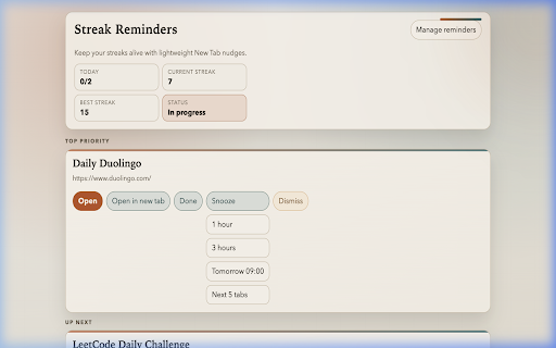 Streak Reminders :: New Tab reminders for daily streaks with priority queue and done-for-today logic.