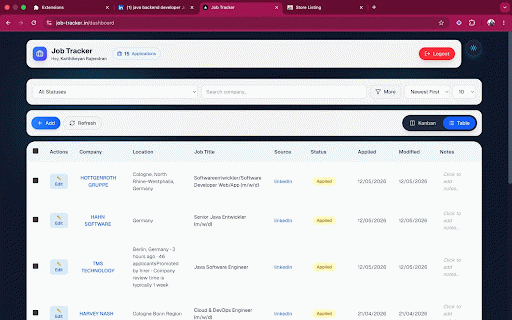 Job tracker extension :: Save LinkedIn job listings to job-tracker.in in one click. Auto-fills job title, company, and location.