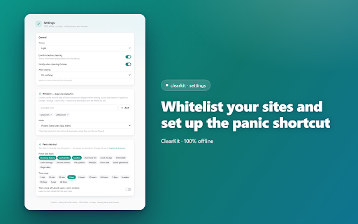 ClearKit – History & Cache Cleaner :: Clear history, cache & cookies in one click or on schedule. Whitelist keeps you signed in. 100% offline.