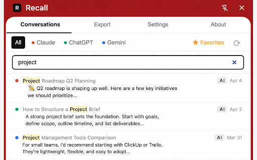 Recall :: Capture your AI conversations from Claude, ChatGPT, and Gemini as a portable memory layer.