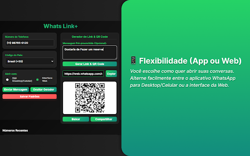 Whats Link+: WA Mensagem Direta Fácil e QR Code :: A forma mais rápida de iniciar conversas no WhatsApp. Envie mensagens, crie links e gere QR codes
