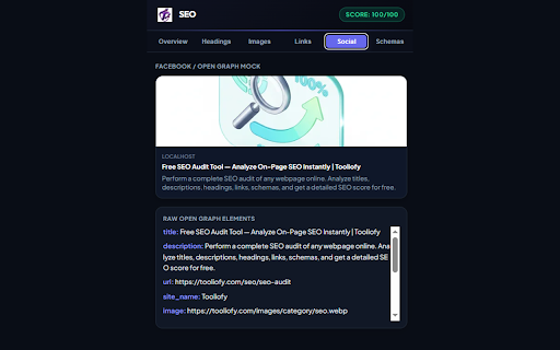 SEO Page Analyzer by Tooliofy :: Instant on-page SEO analyzer. Audit titles, descriptions, headings, image alt attributes, canonicals, and schemas.