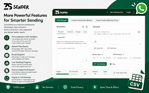 ZS Sender - WhatsApp Bulk Sender from CSV :: Send WhatsApp messages in bulk from WhatsApp Web: numbers, contacts, groups, lists, CSV import, delays and batching.