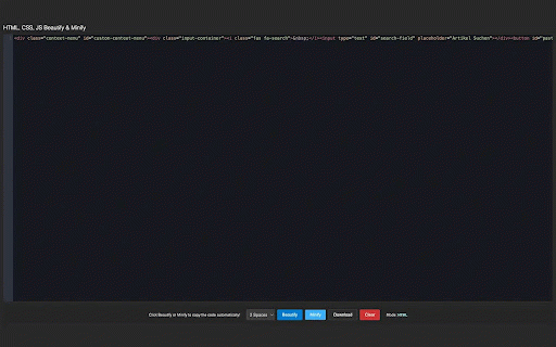 HTML, CSS, JS Beautify & Minify :: Beautify or minify your HTML, CSS, and JS code instantly with one click.