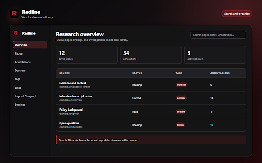 Redline :: Annotate the web. Keep the evidence. Local annotations for serious reading.