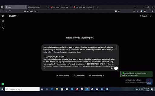 Limit Skip :: Hit your AI chat limit? Save your conversation and seamlessly continue it on another account — no copy-paste, no lost context.
