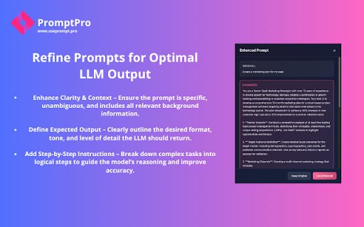 PromptPro: AI Prompt Enhancer - Improve Prompts for ChatGPT, Claude, Gemini :: Prompt enhancer for ChatGPT, Claude, and Gemini. Instantly optimize AI prompts for better results.