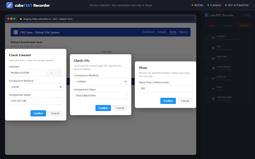 CRScube cubeTEST Recorder :: cubeTEST recorder by CRScube, capturing user interactions on websites. Exports scripts via clipboard and saves screenshots.
