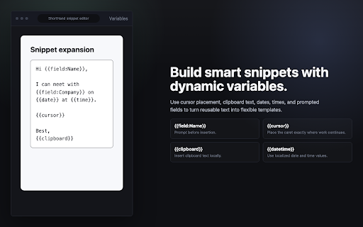 ShortHand :: Text expansion productivity tool that replaces typed abbreviations with saved snippets.