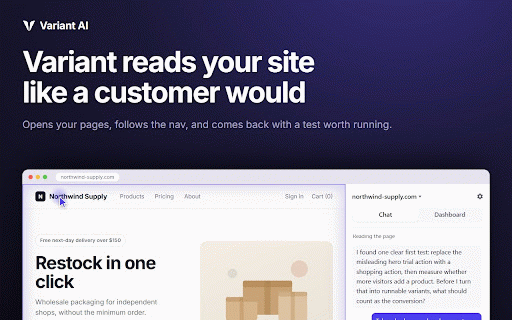 Variant AI :: Variant explores your site, proposes A/B tests, and ships the winners. Preview every change on your real page first.