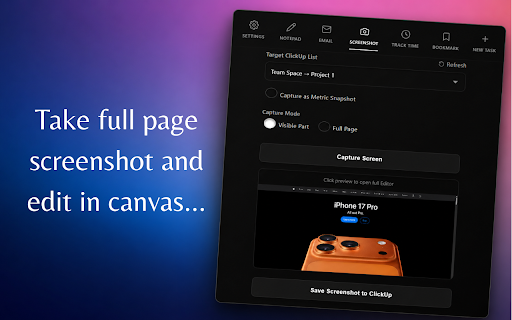 Save in ClickUp-Email,Screenshot,Task,Time,Schedule,Tags,Assignee,Capacity :: Save to ClickUp tasks, screenshots,email,tracks time,schedule task, do capacity planning.