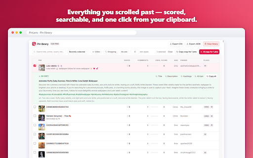 PinLens for Pinterest :: Pin stats & viral scores on every pin, board cleanup for duplicates & dead links, and AI pin copy.