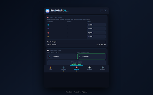 Quarter Split Pro — Budget Planner :: Complete quarterly budget planning: tax, discount, compare, history, charts, CSV export, presets and more.