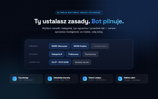 PrawkoBot – Info-Kierowca :: Monitoruje dostępność terminów na egzamin na prawo jazdy w portalu Info-Kierowca i powiadamia o znalezionych miejscach.
