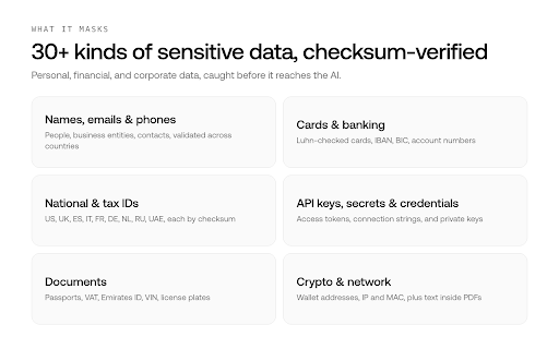 Privacy Mask: Hide Sensitive & Personal Info (PII) by PaperWork :: Mask sensitive and personal info in your text before you send it to AI chat assistants, all locally in your browser.