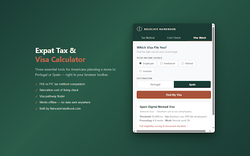 Expat Tax & Visa Calculator :: FEIE vs FTC tax comparison, relocation cost check, and visa finder for US expats moving to Portugal or Spain.