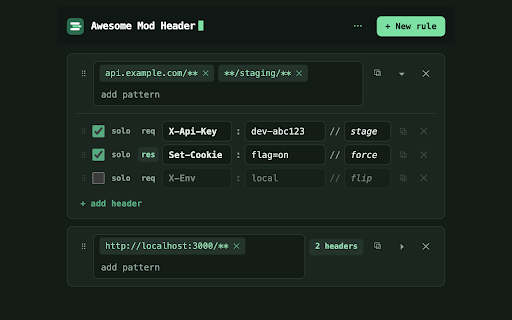 Awesome Mod Header :: Add or overwrite HTTP request and response headers on URLs you choose. Open source.