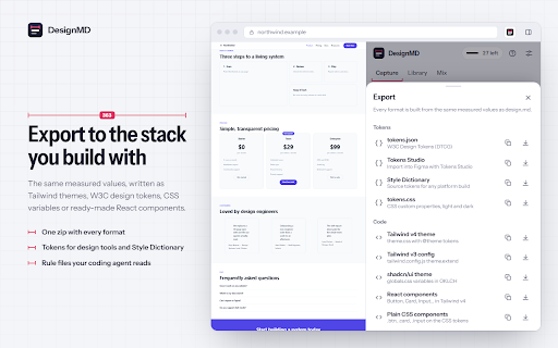 DesignMD: Copy Website Design, Mix with AI :: Copy any web page's design into a design.md spec of real CSS values and design tokens, ready for your AI coding agent.