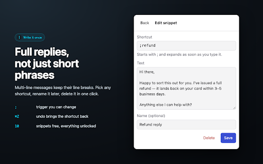 Text Expander :: Type ;addr and your saved text appears. Text expander for email, support replies and any repetitive typing.