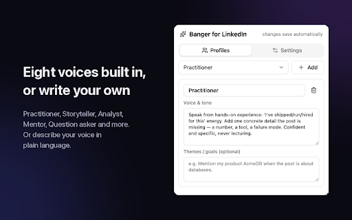 Banger: AI Posts & Comments for LinkedIn :: Turn rough thoughts into standout posts. AI comments and posts in your voice that grow your LinkedIn. Bring your own AI key.