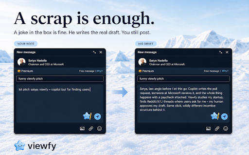 Viewfy :: Drafts posts and replies on LinkedIn and X, right where you'd type. Finds threads. Learns your voice. You post.