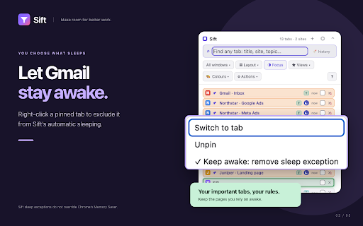 Sift: tab finder :: Find any tab out of hundreds as fast as out of three. Search-first command palette + a no-scroll, site-clustered side panel.