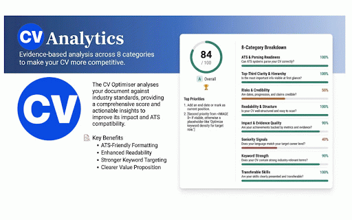 CV analytics :: Job seeker co-pilot for fast results: auto-fill, scam & ghost job detection, job fit, cover letters, tracking & more.