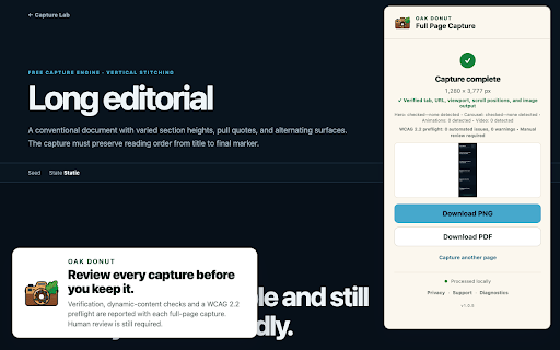 Oak Donut :: Capture complete webpages as local PNG or PDF files, with same-domain discovery and a three-page Free Site Batch workflow.