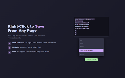 Snippet Vault :: Save, tag, and search code snippets locally. Copy any snippet with one click. No accounts, no cloud — stays on device.