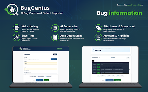 BugGenius - AI Bug Capture & Defect Reporter :: AI bug capture for QA teams. Captures screenshots, console logs, network requests, and steps to reproduce.