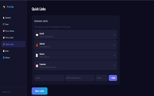ProTab – Pomodoro Timer & Productivity :: Pomodoro timer, focus mode, tab manager, to-do list, site time limits, ambient sounds, daily goals & productivity new tab.