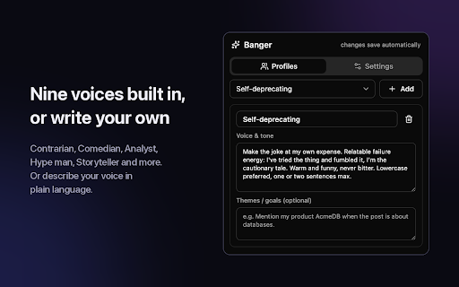 Banger: AI Posts & Replies that Grow Your X :: Turn rough thoughts into bangers. AI replies and posts in your voice that grow your X account. Bring your own AI key.