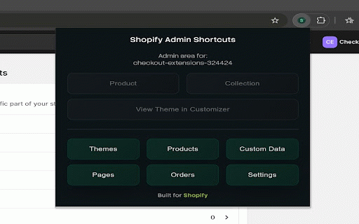 Shopify Admin Shortcuts :: Quickly open Shopify Admin Sections for the store you're currently on. Open Products or Collections you are currently viewing.