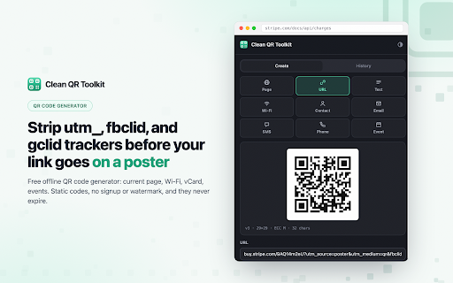 Clean QR Toolkit - Free Offline QR Code Generator :: Free offline QR code generator: current page, Wi-Fi, vCard, events. Static codes, no signup or watermark, and they never expire.