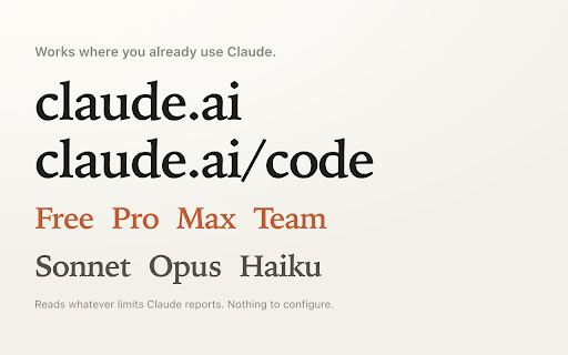 Usage Tracker for Claude - Limits & Quota :: Your real Claude limits in the toolbar, sidebar & chat box. Session, weekly & per-model quota with reset countdowns. No API key.