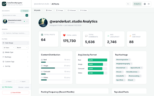 InstaTime: Search Instagram Posts by Date & Reach Score :: Stop endless scrolling. Search any Instagram profile by exact date, caption keyword, or hashtag with instant analytics.