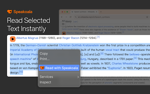 Speakoala - Text to Speech (TTS) :: Use natural voices to read any website and local documents, with support for area selection playback.