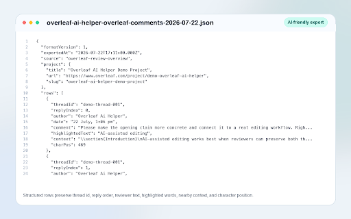 Overleaf AI Agent Helper :: Export complete Overleaf review comments, highlights, and context to CSV or JSON for external editing and AI workflows.